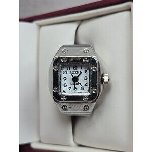 Bozhi Silver Tone Square Quartz Ring Watch Stretch Band Y2K Fashion New Battery